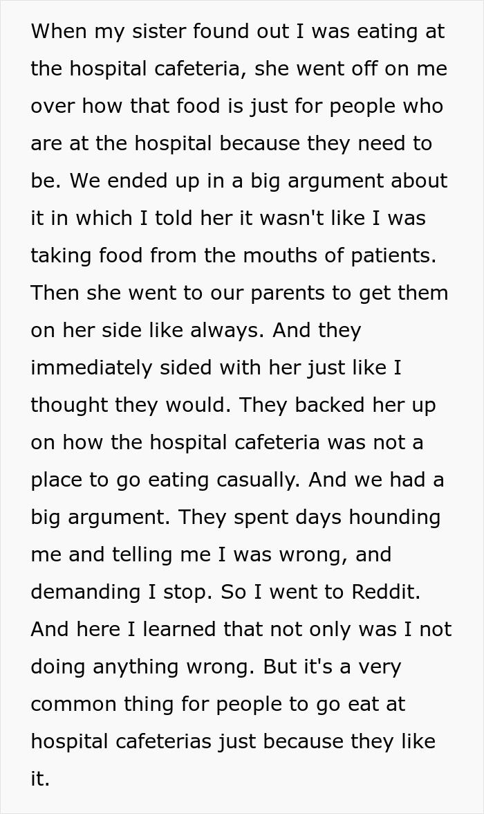 Text screenshot of a story about a sibling argument over eating at a hospital cafeteria; brother feels unfairly judged. Text screenshot of a story about a sibling argument over eating at a hospital cafeteria; brother feels unfairly judged.