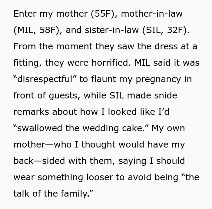 Text describing family reactions to a woman's pregnancy at her wedding, criticizing her dress choice. Text describing family reactions to a woman's pregnancy at her wedding, criticizing her dress choice.