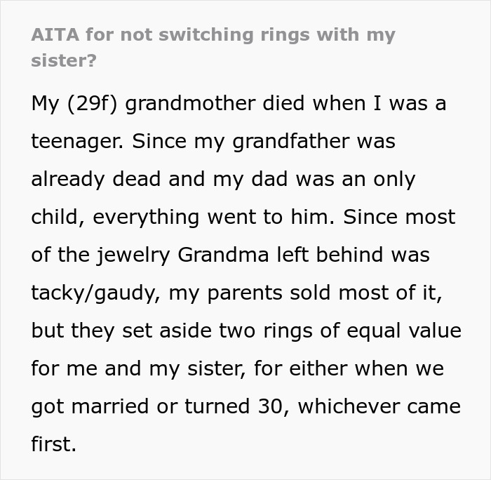 Text discussing a sister's dilemma over switching heirloom rings with her sibling. Text discussing a sister's dilemma over switching heirloom rings with her sibling.