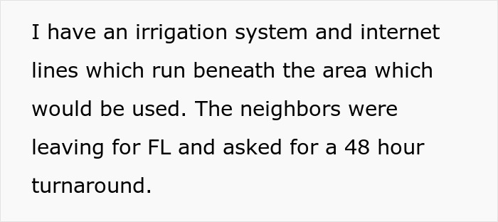 Text about neighbors needing yard use, mentioning irrigation and internet lines beneath. Text about neighbors needing yard use, mentioning irrigation and internet lines beneath.