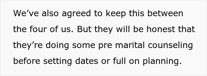 Text about premarital counseling agreement shared privately among four people. Text about premarital counseling agreement shared privately among four people.