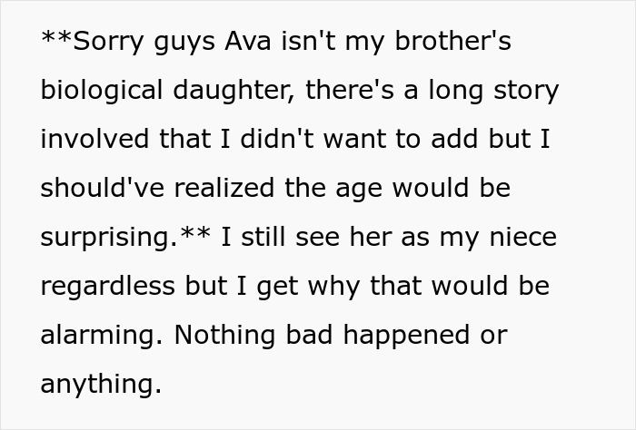 Text apology about family relations involving brother's daughter, explaining the situation and their bond. Text apology about family relations involving brother's daughter, explaining the situation and their bond.
