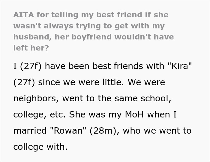 Text about lifelong bestie attempting to reignite old flame with friend's husband. Text about lifelong bestie attempting to reignite old flame with friend's husband.