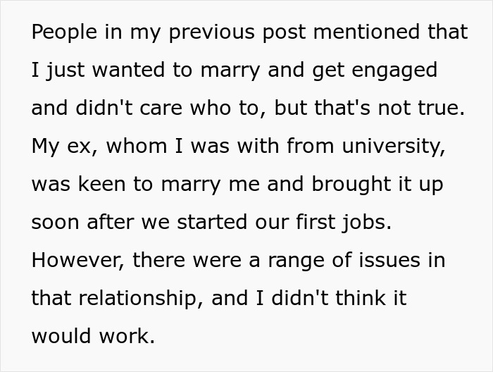 Text discussing past relationship issues related to engagement and marriage. Text discussing past relationship issues related to engagement and marriage.