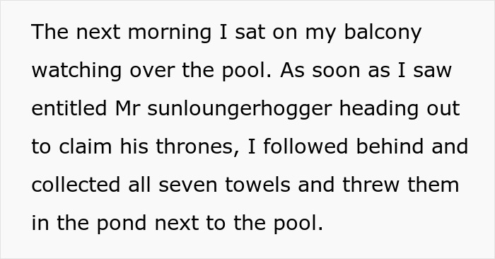 Text snippet about petty revenge on selfish resort guests by throwing towels in a pond. Text snippet about petty revenge on selfish resort guests by throwing towels in a pond.