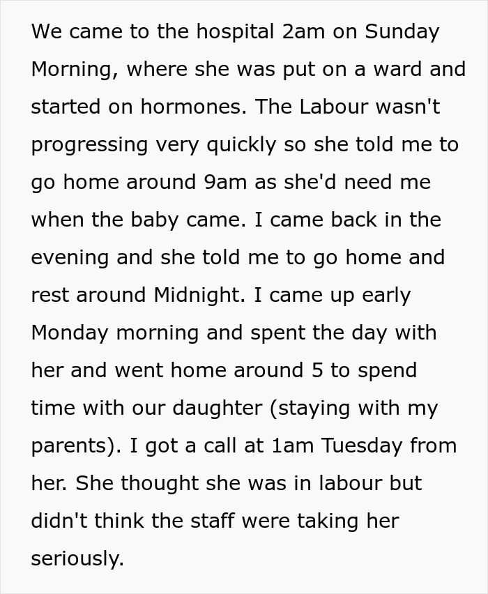 Text screenshot of a man discussing his wife's labor and his absence post C-section. Text screenshot of a man discussing his wife's labor and his absence post C-section.