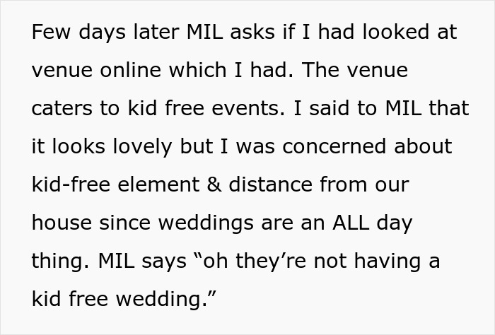Text about family discussion regarding a kid-friendly wedding venue and concerns over distance. Text about family discussion regarding a kid-friendly wedding venue and concerns over distance.