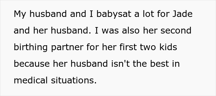 Text discussing babysitting and supporting a sister during childbirth, implying familial support roles. Text discussing babysitting and supporting a sister during childbirth, implying familial support roles.