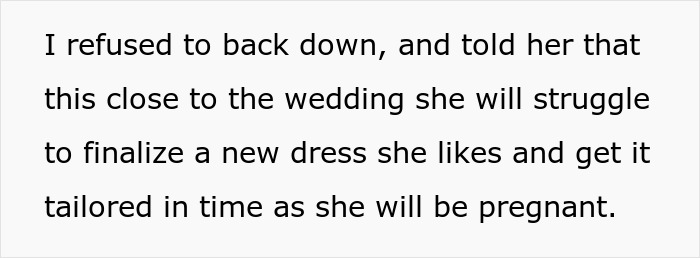 Text from a bridal shop owner expressing refusal to make a second wedding dress for free. Text from a bridal shop owner expressing refusal to make a second wedding dress for free.