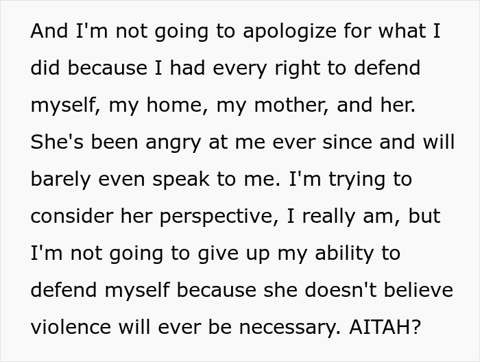 Text expressing a person's defense of their decision to protect themselves and others with a gun. Text expressing a person's defense of their decision to protect themselves and others with a gun.