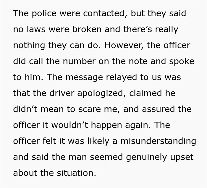 Text about police contacting an Amazon driver who apologized, ensuring it won't happen again, and the issue being resolved. Text about police contacting an Amazon driver who apologized, ensuring it won't happen again, and the issue being resolved.