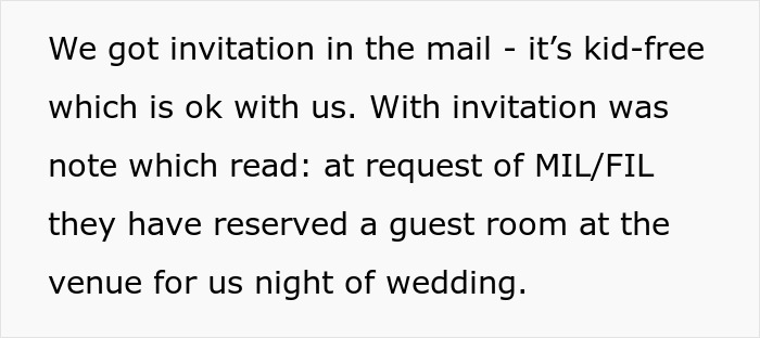 Text message about kid-free wedding invitation with note from in-laws. Text message about kid-free wedding invitation with note from in-laws.