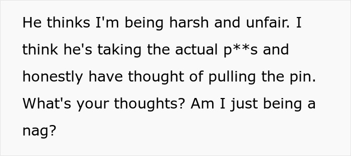 Text image discussing thoughts on a husband's behavior, mentioning unfairness and considering major life changes. Text image discussing thoughts on a husband's behavior, mentioning unfairness and considering major life changes.