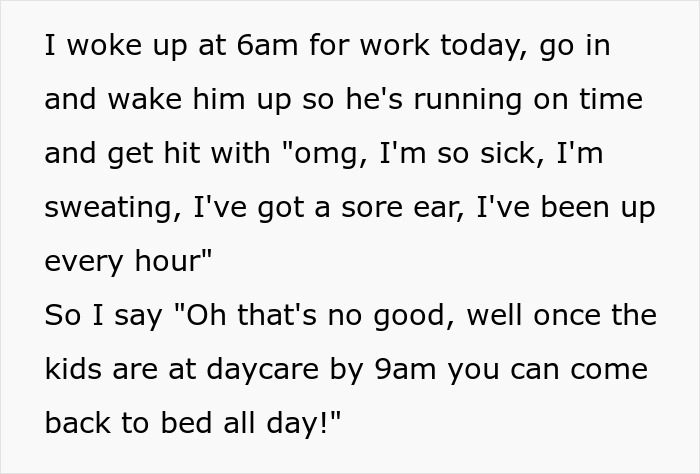 Text exchange discussing morning routine and frustration over husband's alleged incompetence. Text exchange discussing morning routine and frustration over husband's alleged incompetence.