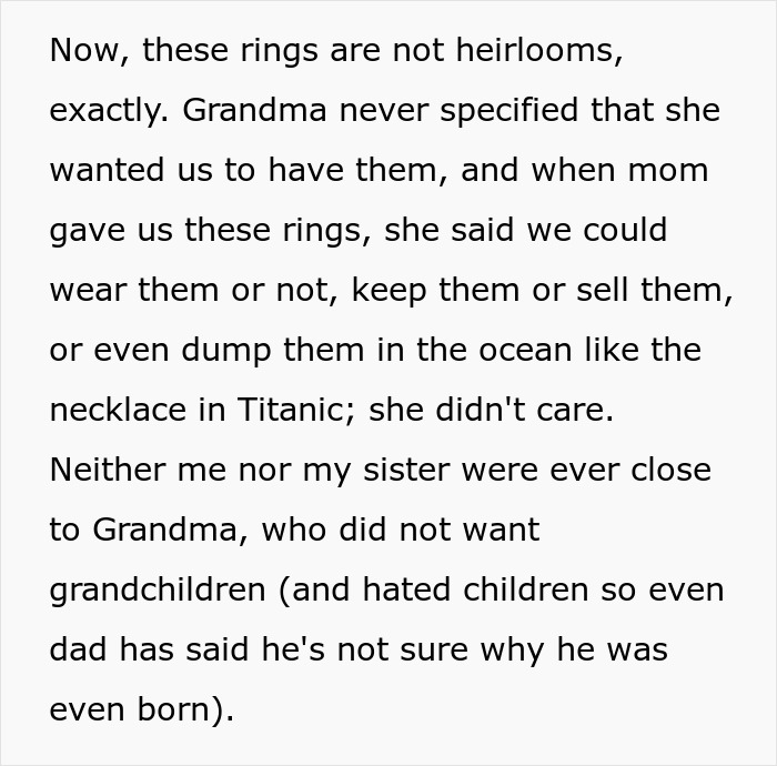 Text describing a discussion about non-heirloom rings, sisters, and their distant relationship with Grandma. Text describing a discussion about non-heirloom rings, sisters, and their distant relationship with Grandma.