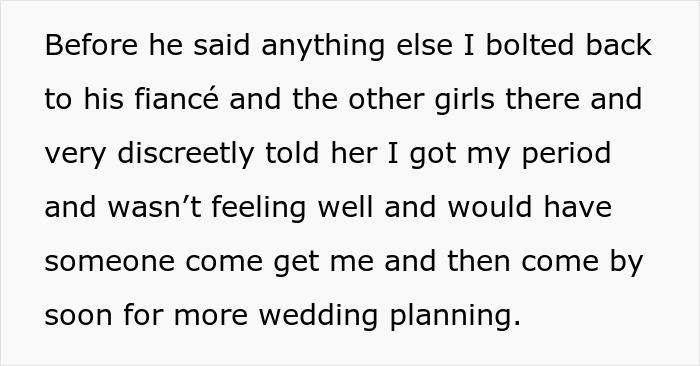 Text excerpt discussing a sudden exit during wedding dress shopping, related to a personal revelation. Text excerpt discussing a sudden exit during wedding dress shopping, related to a personal revelation.