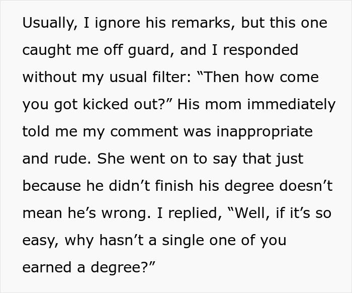 Text exchange questioning family about university attendance and degree completion. Text exchange questioning family about university attendance and degree completion.
