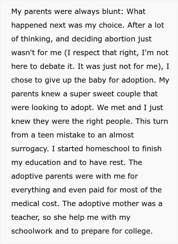 Text discussing the choice of adoption after teen pregnancy and the support received from adoptive parents. Text discussing the choice of adoption after teen pregnancy and the support received from adoptive parents.