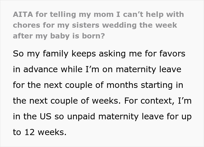 Text conversation expressing mom's guilt-trip about wedding help after daughter's delivery. Text conversation expressing mom's guilt-trip about wedding help after daughter's delivery.