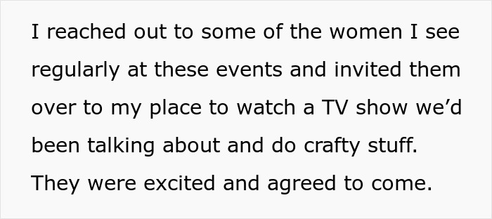 Text about a woman inviting friends over for a TV show and crafts, related to a kleptomaniac. Text about a woman inviting friends over for a TV show and crafts, related to a kleptomaniac.