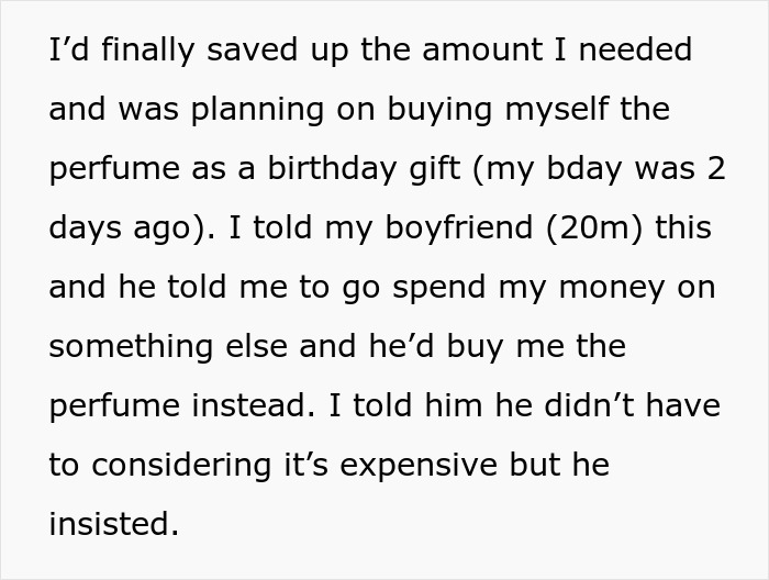 Text conversation about birthday perfume gift and saving money. Text conversation about birthday perfume gift and saving money.