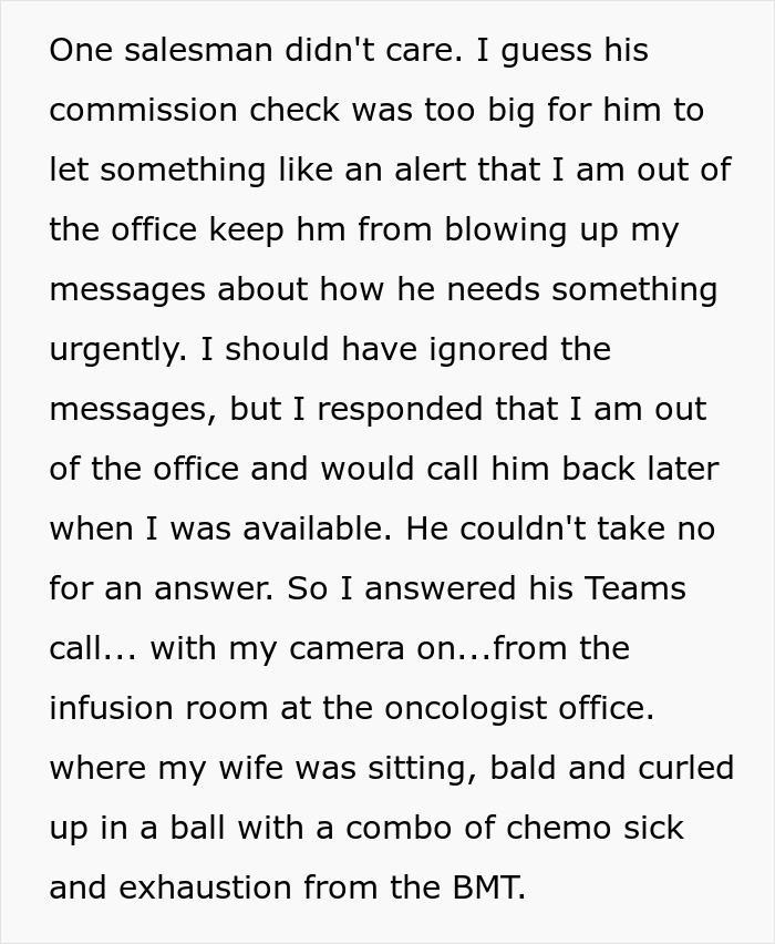 Text describing a situation where a guy embarrasses an entitled coworker by responding to messages from an oncologist's office. Text describing a situation where a guy embarrasses an entitled coworker by responding to messages from an oncologist's office.