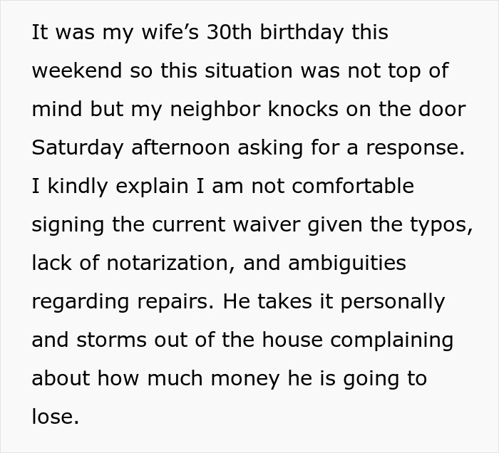 Text expressing concerns about signing a waiver related to a neighbor's yard use, due to errors and legal issues. Text expressing concerns about signing a waiver related to a neighbor's yard use, due to errors and legal issues.
