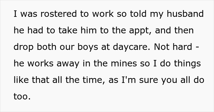 Text discussing husband taking children to daycare, highlighting issues of weaponized incompetence in relationships. Text discussing husband taking children to daycare, highlighting issues of weaponized incompetence in relationships.