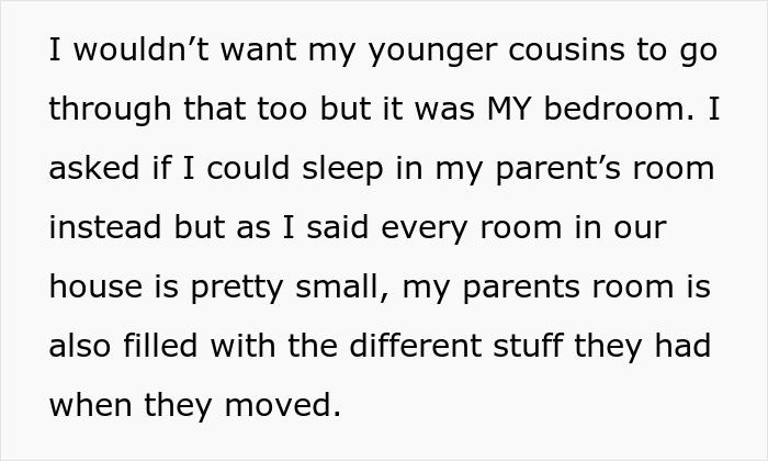 Text block describing a teen refusing parents' request to sleep in a cold basement, prioritizing his own comfort over relatives. Text block describing a teen refusing parents' request to sleep in a cold basement, prioritizing his own comfort over relatives.