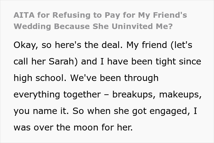 Text discussing a dispute about refusing to pay for a friend's wedding after being uninvited. Text discussing a dispute about refusing to pay for a friend's wedding after being uninvited.