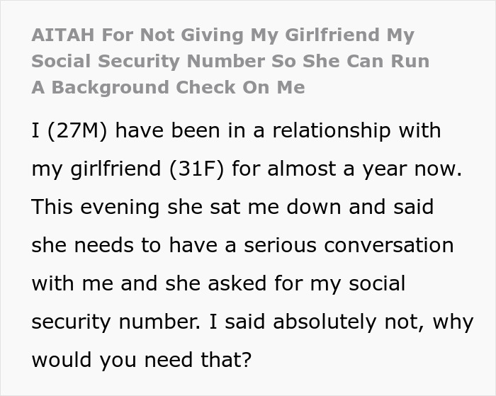 Text about a girlfriend wanting a boyfriend's social security number for a background check. Text about a girlfriend wanting a boyfriend's social security number for a background check.