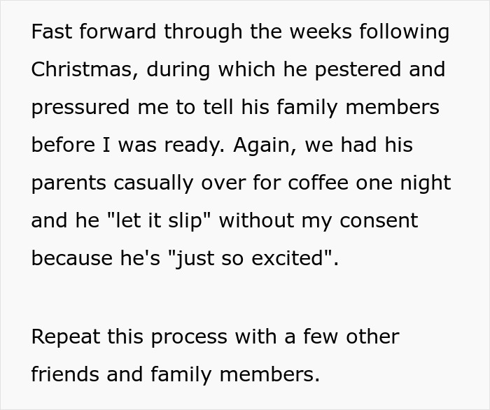 Text about a husband pressuring his wife to share pregnancy news, and revealing it without her consent. Text about a husband pressuring his wife to share pregnancy news, and revealing it without her consent.