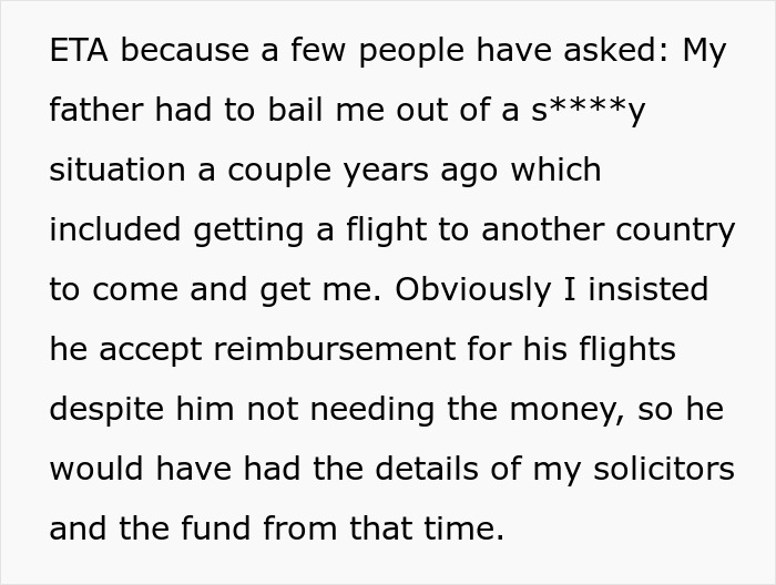 Text describing a father's financial assistance, mentioning solicitors and a trust fund. Text describing a father's financial assistance, mentioning solicitors and a trust fund.