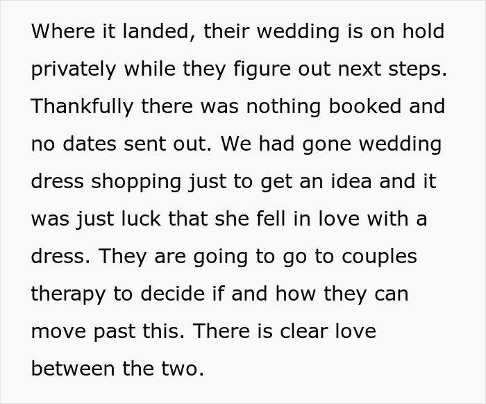 Text about a wedding being on hold after a wedding dress shopping trip reveals unexpected love for sister-in-law. Text about a wedding being on hold after a wedding dress shopping trip reveals unexpected love for sister-in-law.