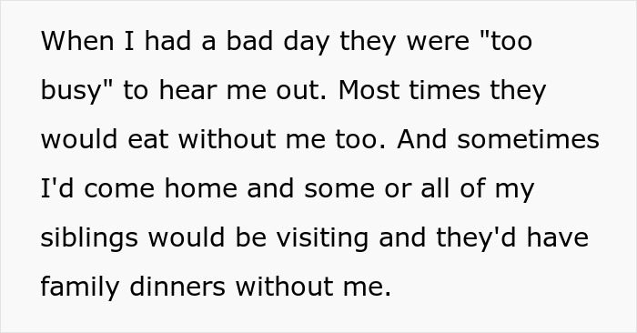 Text expressing feelings of neglect by family, emphasizing the teen's perspective of feeling left out and unappreciated. Text expressing feelings of neglect by family, emphasizing the teen's perspective of feeling left out and unappreciated.