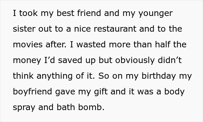 Text about a girlfriend disappointed by a birthday gift, involving perfume and bath products. Text about a girlfriend disappointed by a birthday gift, involving perfume and bath products.