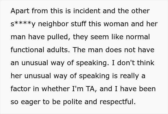 Text excerpt discussing a neighbor incident related to a blocked door and the woman's response. Text excerpt discussing a neighbor incident related to a blocked door and the woman's response.