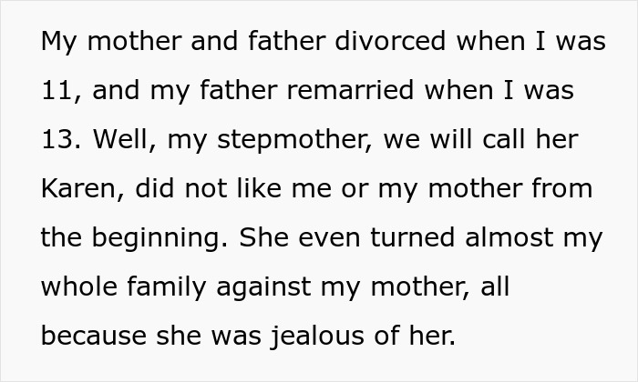 Text block describing a stepmom's jealousy towards the narrator's mother. Text block describing a stepmom's jealousy towards the narrator's mother.