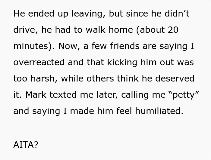 Text discussing a dispute over snarky remarks about a friend's home-cooked meal, ending with the question "AITA? Text discussing a dispute over snarky remarks about a friend's home-cooked meal, ending with the question "AITA?