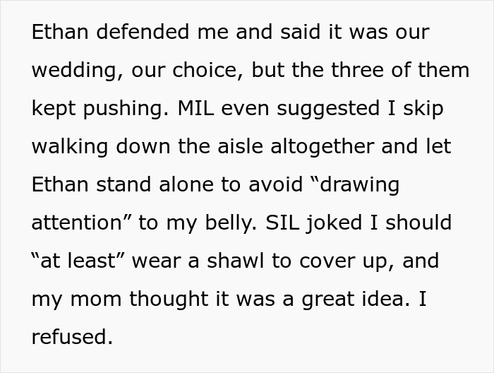 Text describing a wedding dispute about a pregnant bride, involving MIL and SIL's comments. Text describing a wedding dispute about a pregnant bride, involving MIL and SIL's comments.