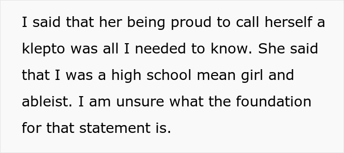 Text screenshot discussing a kleptomaniac labeled as "mean girl" and "ableist" by another woman. Text screenshot discussing a kleptomaniac labeled as "mean girl" and "ableist" by another woman.