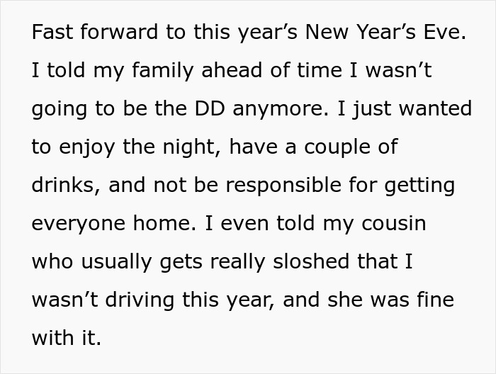 Text about a family's New Year's Eve plans and decision to not be the designated driver this year. Text about a family's New Year's Eve plans and decision to not be the designated driver this year.