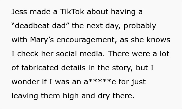 Text discussing a TikTok about a "deadbeat dad" with fabricated details, questioning the fairness of the portrayal. Text discussing a TikTok about a "deadbeat dad" with fabricated details, questioning the fairness of the portrayal.