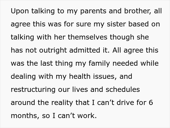 Text about family suspecting sister's betrayal amid personal and health struggles. Text about family suspecting sister's betrayal amid personal and health struggles.