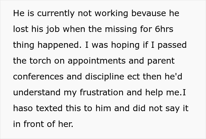 Text discussing husband and daughter responsibility, job loss, and frustration over parental duties. Text discussing husband and daughter responsibility, job loss, and frustration over parental duties.