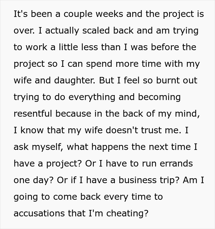 Text discussing feelings of burnout and trust issues due to infidelity accusations in a relationship. Text discussing feelings of burnout and trust issues due to infidelity accusations in a relationship.