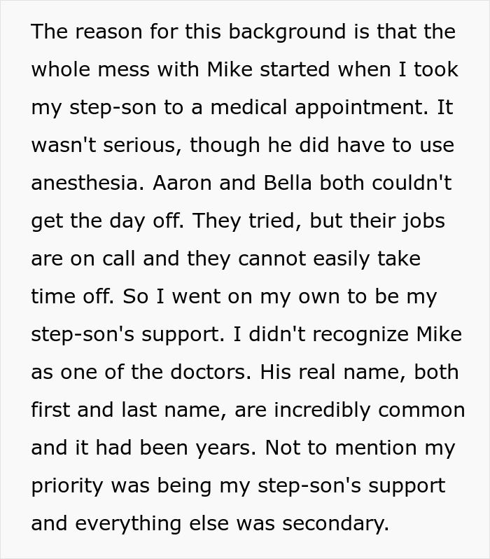 Text about a medical appointment, step-son's support, recognizing an old acquaintance. Text about a medical appointment, step-son's support, recognizing an old acquaintance.