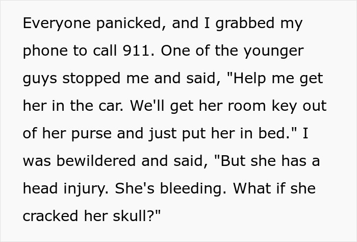 Text about a coworker's head injury, emergency response, and the decision to call an ambulance. Text about a coworker's head injury, emergency response, and the decision to call an ambulance.