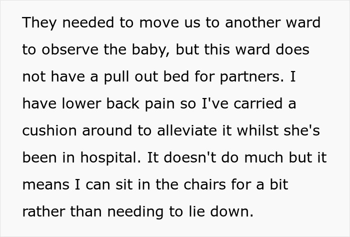 Text about the lack of a pull-out bed for partners in a hospital ward after wife's C-section. Text about the lack of a pull-out bed for partners in a hospital ward after wife's C-section.