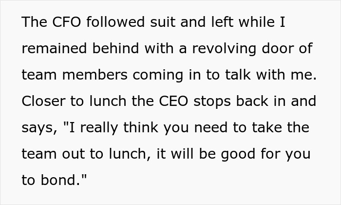 Text excerpt about a CEO suggesting lunch outings for team bonding, related to lunch preferences at the office. Text excerpt about a CEO suggesting lunch outings for team bonding, related to lunch preferences at the office.